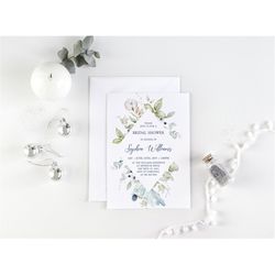 winter flowers bridal shower invitation template, editable, pretty floral printable brunch invite, greenery hens party,