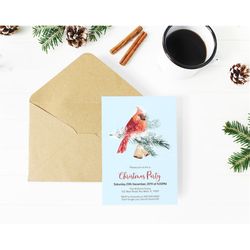 christmas bird invitation template, editable, printable merry christmas party invite, holiday party, diy feast, joyful,