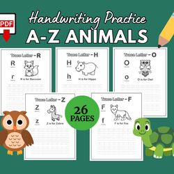 AZ Animals Handwriting Practice Book | Letter Alphabet Cards Printable | Tracing Worksheet for Kids - Instant Digital Do