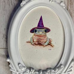 Framed Frog Painting, Original Watercolor Painting, Fairycore Art, Small Framed Decor, Frog Art, Witchy Wall Art