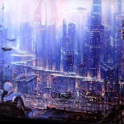 Cyberpunk Painting ORIGINAL OIL PAINTING on Canvas Modern City Painting Cyberpunk Art by "Walperion Paintings"