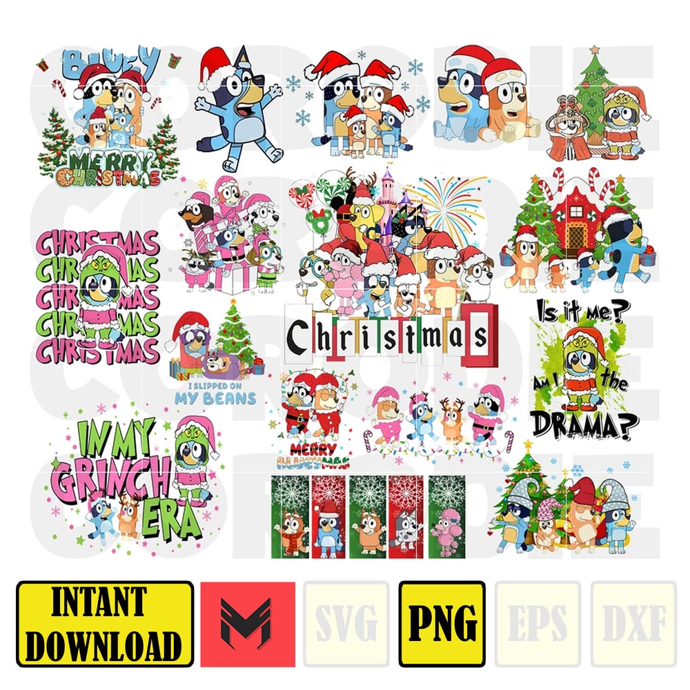 Pink Bluey Dog & Christmas Png Bundle, Blue Dog and Family Png, Christmas Cartoon Png, Funny Christmas 2023 Png, Pink Christmas Png File.jpg