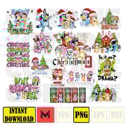 pink bluey dog & christmas png bundle, blue dog and family png, christmas cartoon png, funny christmas 2023 png