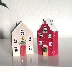 christmas mini wooden houses. holiday decor. miniature village. handmade winter houses