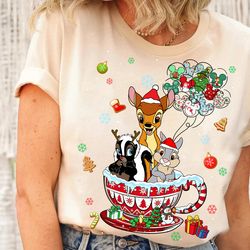 disney bambi christmas balloon coffee cup christmas lights shirt, bambi thumper flower christmas tee, disneyland party 2