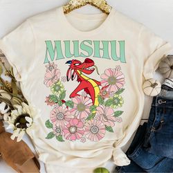 disney floral mushu retro 90s style tshirt, disney mulan mushu dragon shirt, walt disney world, disneyland family matchi