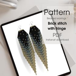 Brick stitch fringe earrings pattern, black gold trending earrings, PDF, delica pattern,, instant download