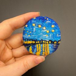 Starry night over the Rhone. Van Gogh brooch. Needle felted pin