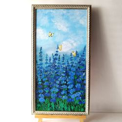 Flower painting blue, Painting of wildflowers, 3d landscape painting, Textured wall art, Vertical landscape painting