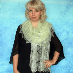 Hand knit pale green scarf, Warm Russian Orenburg shawl, Wool wrap, Goat down stole, Bridal cover up, Lace kerchief,Cape