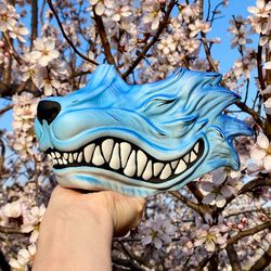 Japanese Kitsune Half mask, Blue Wolf Oni Half mask, Japanese Kitsune mask, Blue WereWolf mask, Anime Cosplay mask