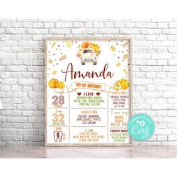 editable pumpkin milestone birthday poster, pumpkin truck first birthday sign, fall autumn poster stats board first year