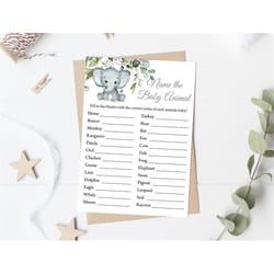 grey elephant name the baby animal baby shower game gender neutral elephant baby shower game greenery elephant baby show
