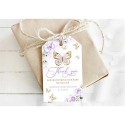 EDITABLE Butterfly Baby Shower Favor Tag Butterfly Thank You Tags Floral Purple & Gold Butterfly Custom Tags Butterfly S