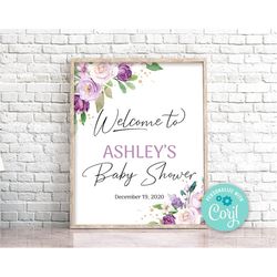 Editable Purple Floral Baby Shower Welcome sign, Lilac Baby Shower Sign, Girl Baby Shower Sign Template, Lavender Welcom