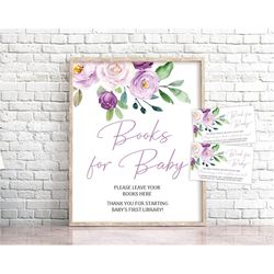 Purple Floral Books For Baby Baby Shower Sign Lavender Floral Baby Shower Library Sign Lilac Baby Shower Purple Floral B