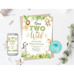 editable born two be wild birthday invitation, safari party invitation, jungle animal invitations, jungle birthday invit