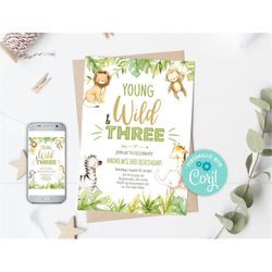 editable young wild and three birthday invitation, safari party invitation, jungle animal invitations, safari 3rd birthd