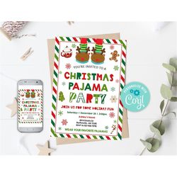 christmas pajama party invitation, holiday pajama party invite, christmas plaid pajama party, christmas slumber party in