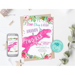 editable two-rex dinosaur birthday invitation dino t-rex invitation second birthday dino invite girl pink dinosaur party