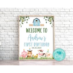 editable farm birthday welcome sign farm animals welcome sign blue farm birthday party sign template boy barnyard welcom