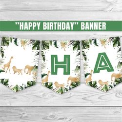 happy birthday banner, gold animals birthday banner, wild animals party, safari decoration, safari animals garland gold