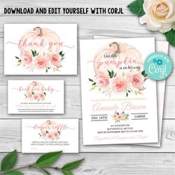 editable little pumpkin baby shower invitation set, girl fall baby shower invitation pack fall baby shower pumpkin invit