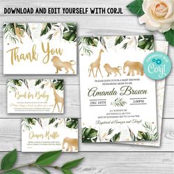 editable wild animal baby shower invitation set. safari baby shower invitation pack. jungle animal gender neutral baby s