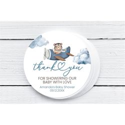 EDITABLE Airplane Bear Baby Shower Favor Tag  Bear on a Plane We Can Bearly Wait Favor Tags Blue Airplane Fly High Aviat