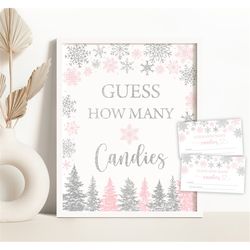 Pink Snowflakes Guess How Many Candies Sign Holiday Baby Shower Guess How Many Candies Game Winter Wonderland Candies Ga