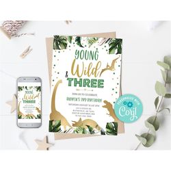 editable young wild and three birthday invitation, dinosaur birthday invitation, dino birthday invite gold dinosaur birt