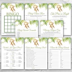 monkey baby shower game package, 8 printable monkey baby shower games party pack, baby monkey printable baby shower game