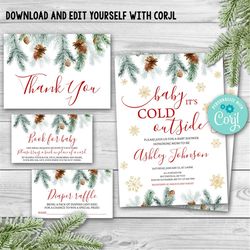 editable winter baby shower invitation set, christmas baby shower set package, holiday bundle of joy invitation baby sho