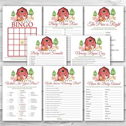 Red Farm Baby Shower Game Package 8 Printable Farm Animals Baby Shower Games Party Pack Gender Neutral Baby Shower Games