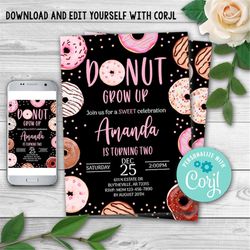 editable donut grow up birthday invitation, first birthday party pink girl doughnut, donut 1st birthday party invitation