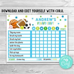 editable sports reward chart for kids, sports routine chart, sports kids chore chart, printable sports chore chart for k
