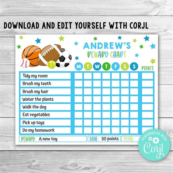 Editable Sports Reward Chart for Kids, Sports Routine Chart, Inspire