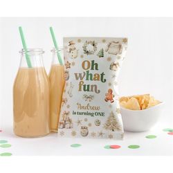 editable christmas birthday party chip bag wrappers winter onederland party chip bag labels oh what fun christmas birthd