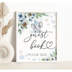 Winter Elephant Guestbook Sign Holiday Guest Book Sign Winter Wonderland Baby Shower Decor Sign Snowflake Elephant Showe