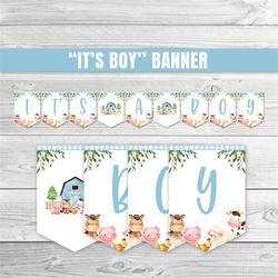 It's a Boy Banner, Farm Animals Baby Shower Banner, Blue Farm Baby Shower Decoration, Farm Animal Garland, Blue Farm Sho