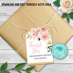editable pink blush baby shower favor tag, floral girl favor tags, pink gold custom tags, baby shower girl favor tag ins