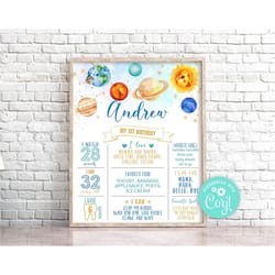 editable space birthday milestone sign, first trip around the sun galaxy planets birthday milestone sign outer space bir