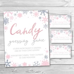 snowflake baby shower game sign and answer cards, how many candies are in the container guess how many candies baby show