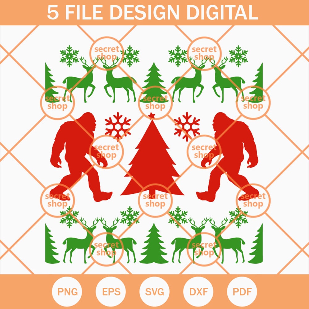 Bigfoot Christmas Ugly Sweater SVG, Two Bigfoots Xmas Tree Between SVG, Christmas Pattern Sasquash In Winter SVG - SVG Secret Shop.jpg