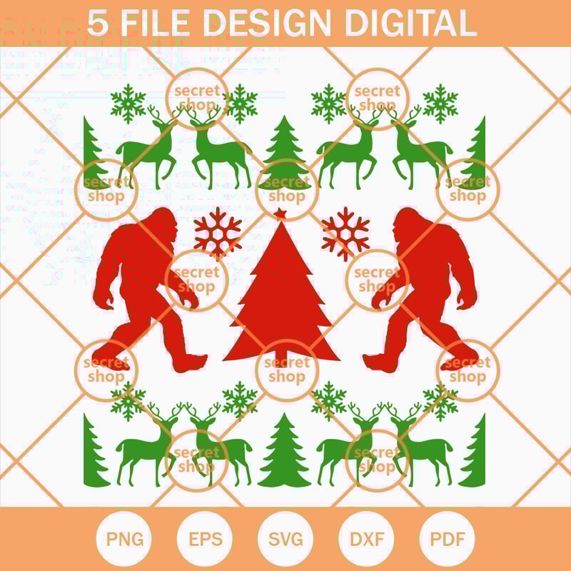 Bigfoot Christmas Ugly Sweater SVG, Two Bigfoots Xmas Tree Between SVG, Christmas Pattern Sasquash In Winter SVG - SVG Secret Shop.jpg