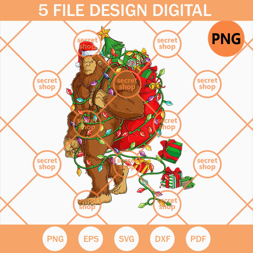 Bigfoot Santa Claus PNG, Bigfoot With Christmas Tree PNG, Xmas Gifts PNG - SVG Secret Shop.jpg