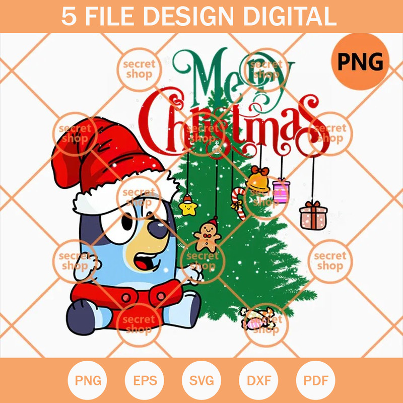 Christmas Bluey PNG, Bluey Wears Christmas Hat PNG, Bluey By Christmas Tree PNG - SVG Secret Shop.jpg