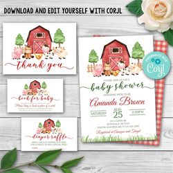 editable farm animal baby shower invitation set, red farm baby shower invitation pack, barnyard gender neutral baby show