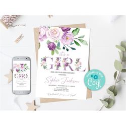 EDITABLE Lilac Floral Baby Shower Invitation, Girl Purple Baby Shower Invitation,  Blush Lavender Floral Baby Shower Inv