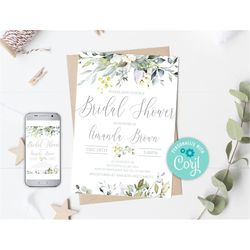 editable greenery foliage bridal shower invitation. eucalyptus bridal shower invite. botanical diy invitation. greenery
